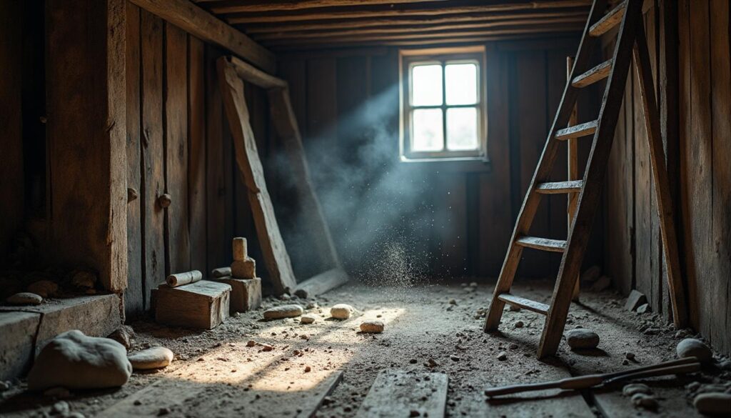 Nettoyer la poussière sur les poutres en bois au grenier